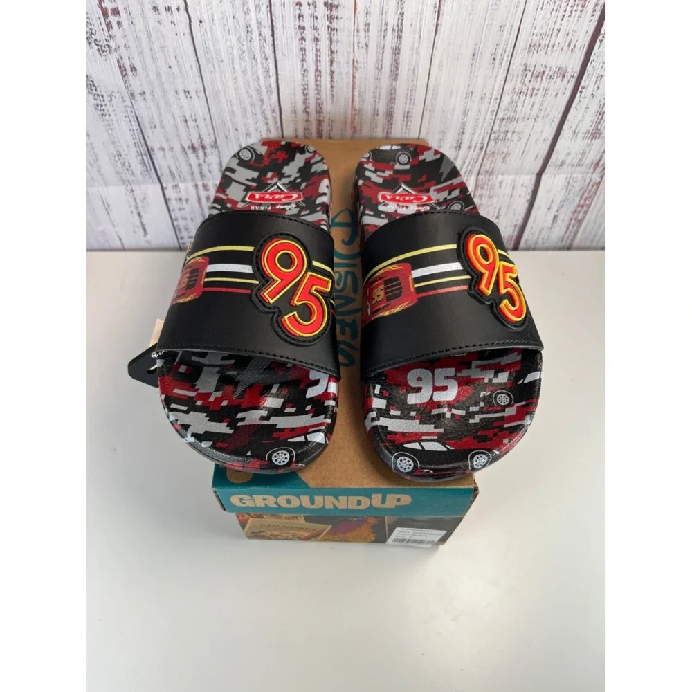 Disney Cars Slides Sandals Size 4 Lightning McQueen 95 Black Red Multicolor